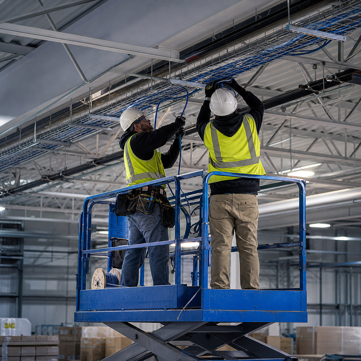 Technicians installing network cabling in an overhead cable tray