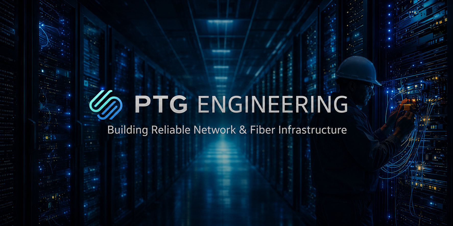 PTG Engineering network technician working in a blue-lit data center